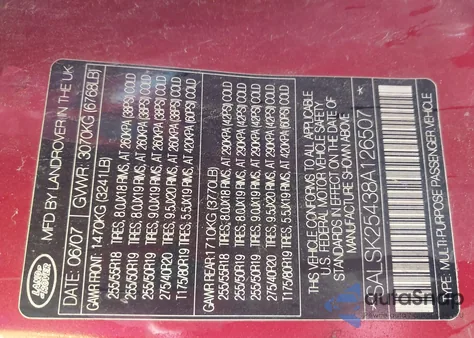 2008 Land Rover Range Rover Sport Hse z USA, uszkodzony, nr VIN SALSK25438A126507